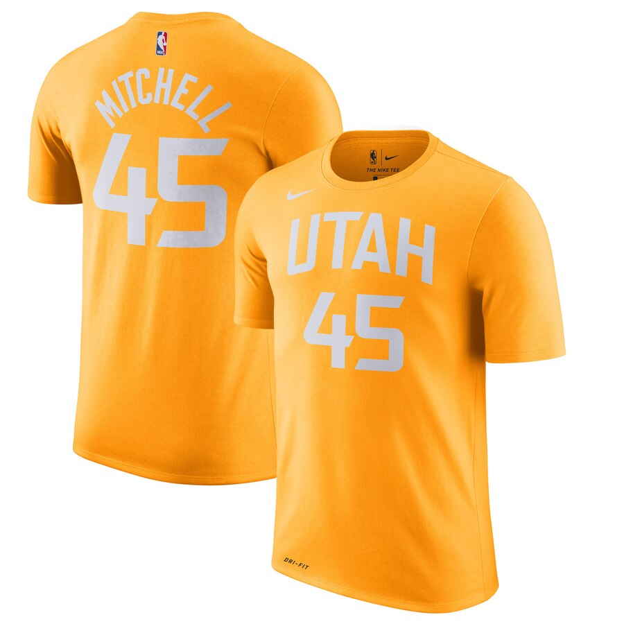 Men 2020 NBA Nike Donovan Mitchell Utah Jazz Gold 201920 City Edition Name  Number TShirt.